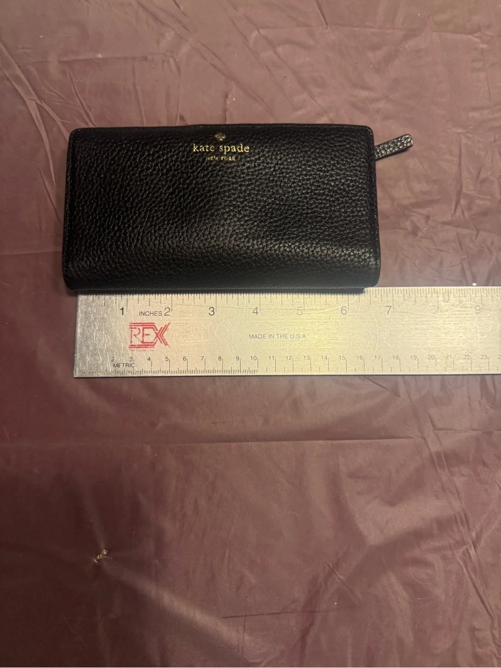 kate spade Black Pebbled Leather Bi Fold Snap Wallet with Gold Logo